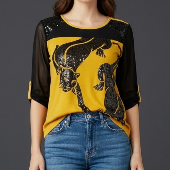 Sharif 1827 Couture Tops - Vtg SHARIF 1827 Couture Yellow Sequin Panther Design Mesh Top